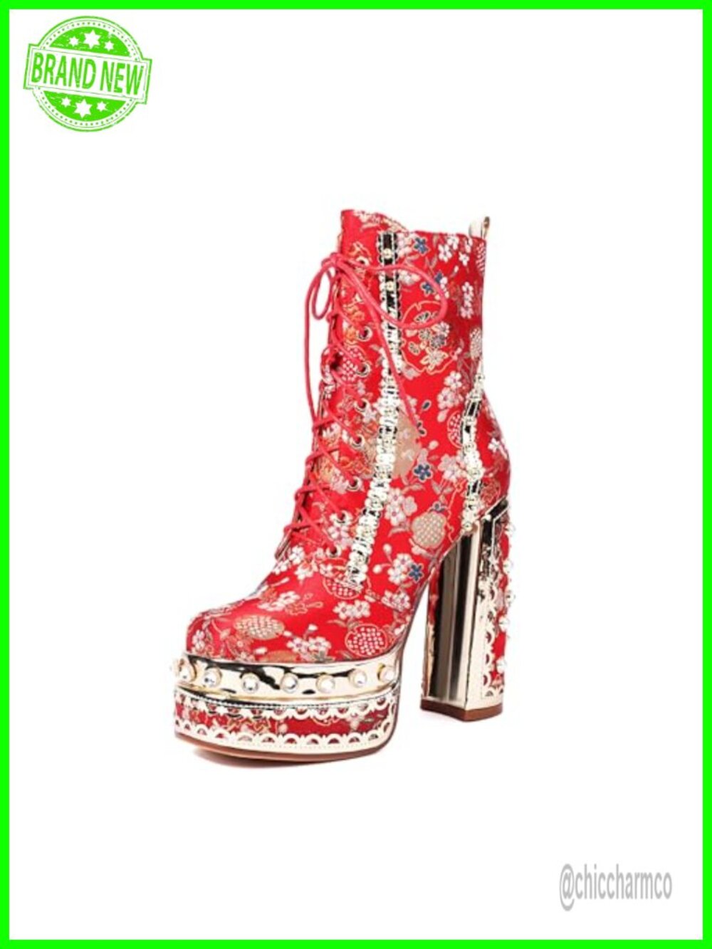 Women's Floral Embroidered Platform Lace Up Ankle Boots Block Heel